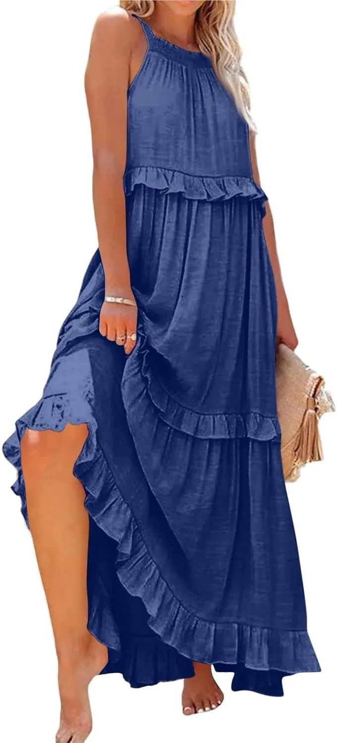 Tiered Halter Maxi Dresses for Women 2025 Elegant Pleated Long Flowy Dress Swing Sleeveless Ruffle Hem Beach Sundress