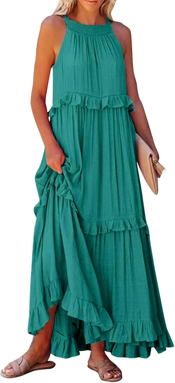 Tiered Halter Maxi Dresses for Women 2025 Elegant Pleated Long Flowy Dress Swing Sleeveless Ruffle Hem Beach Sundress