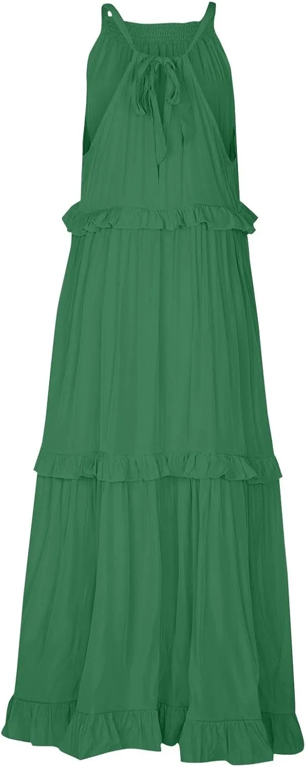 Tiered Halter Maxi Dresses for Women 2025 Elegant Pleated Long Flowy Dress Swing Sleeveless Ruffle Hem Beach Sundress