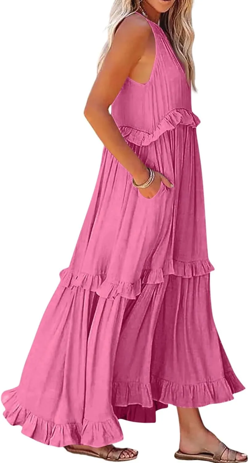 Tiered Halter Maxi Dresses for Women 2025 Elegant Pleated Long Flowy Dress Swing Sleeveless Ruffle Hem Beach Sundress