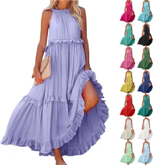 Tiered Halter Maxi Dresses for Women 2025 Elegant Pleated Long Flowy Dress Swing Sleeveless Ruffle Hem Beach Sundress