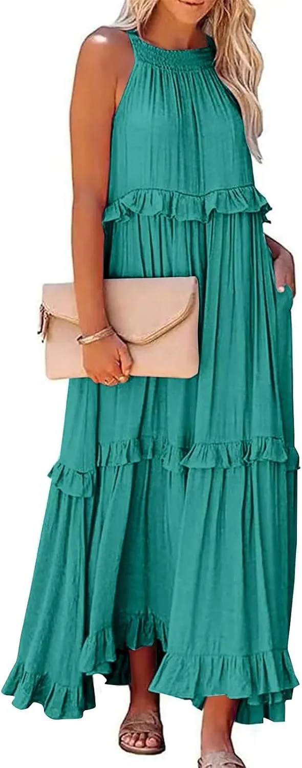 Tiered Halter Maxi Dresses for Women 2025 Elegant Pleated Long Flowy Dress Swing Sleeveless Ruffle Hem Beach Sundress