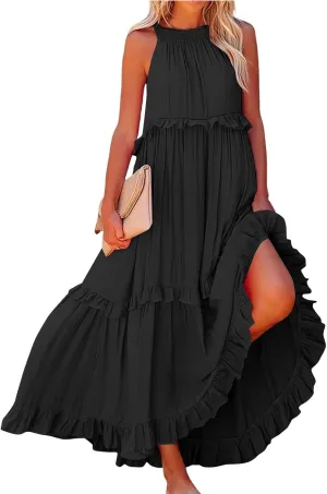 Tiered Halter Maxi Dresses for Women 2025 Elegant Pleated Long Flowy Dress Swing Sleeveless Ruffle Hem Beach Sundress
