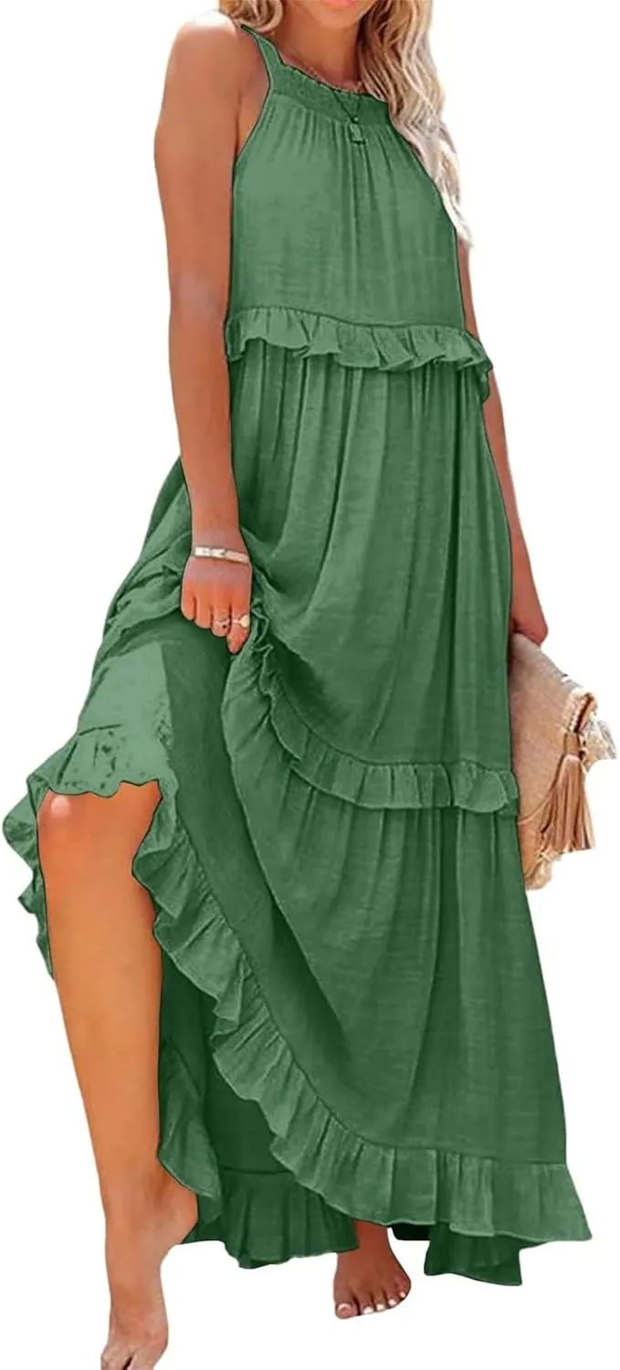 Tiered Halter Maxi Dresses for Women 2025 Elegant Pleated Long Flowy Dress Swing Sleeveless Ruffle Hem Beach Sundress