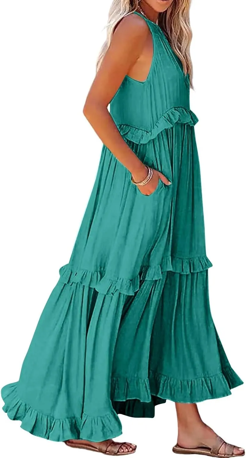 Tiered Halter Maxi Dresses for Women 2025 Elegant Pleated Long Flowy Dress Swing Sleeveless Ruffle Hem Beach Sundress