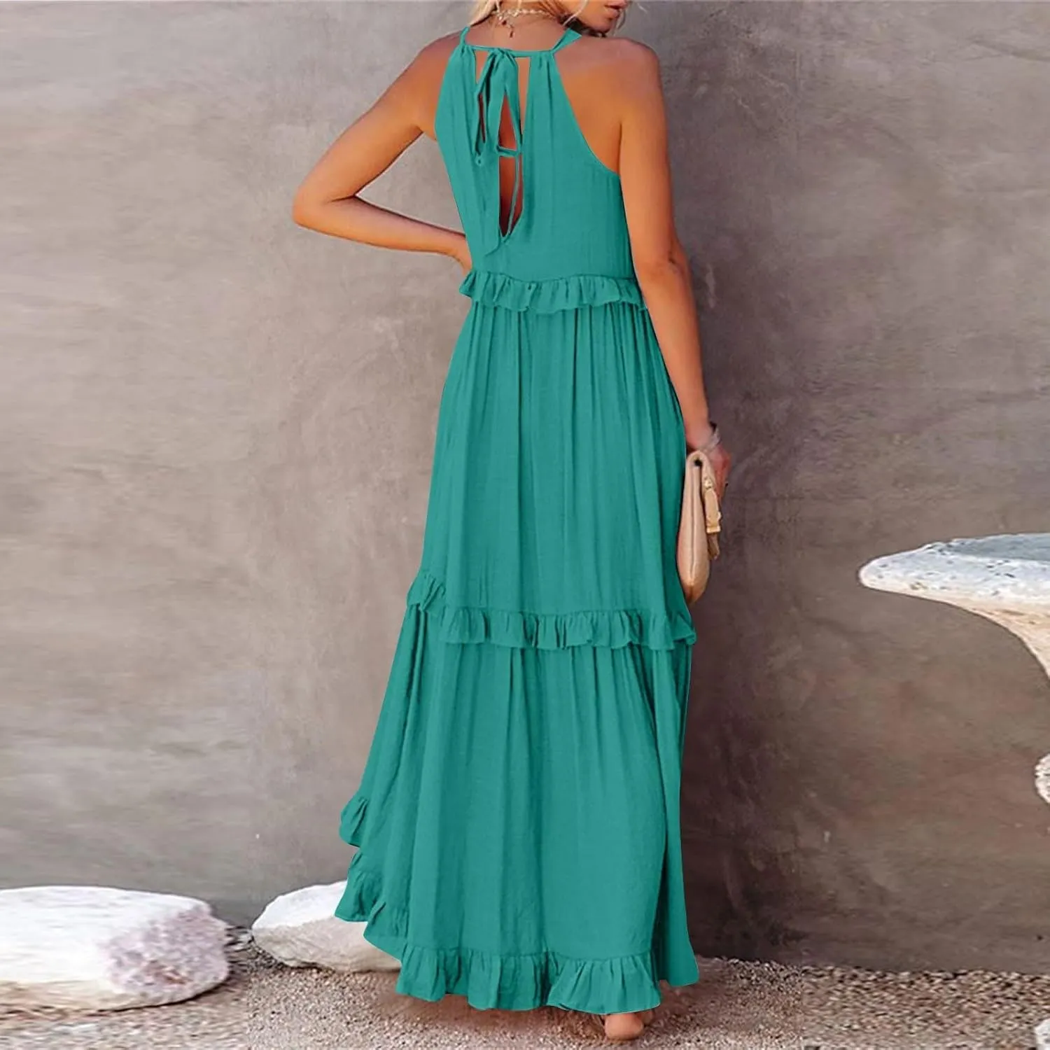 Tiered Halter Maxi Dresses for Women 2025 Elegant Pleated Long Flowy Dress Swing Sleeveless Ruffle Hem Beach Sundress