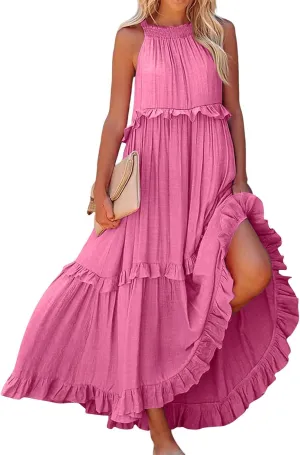 Tiered Halter Maxi Dresses for Women 2025 Elegant Pleated Long Flowy Dress Swing Sleeveless Ruffle Hem Beach Sundress