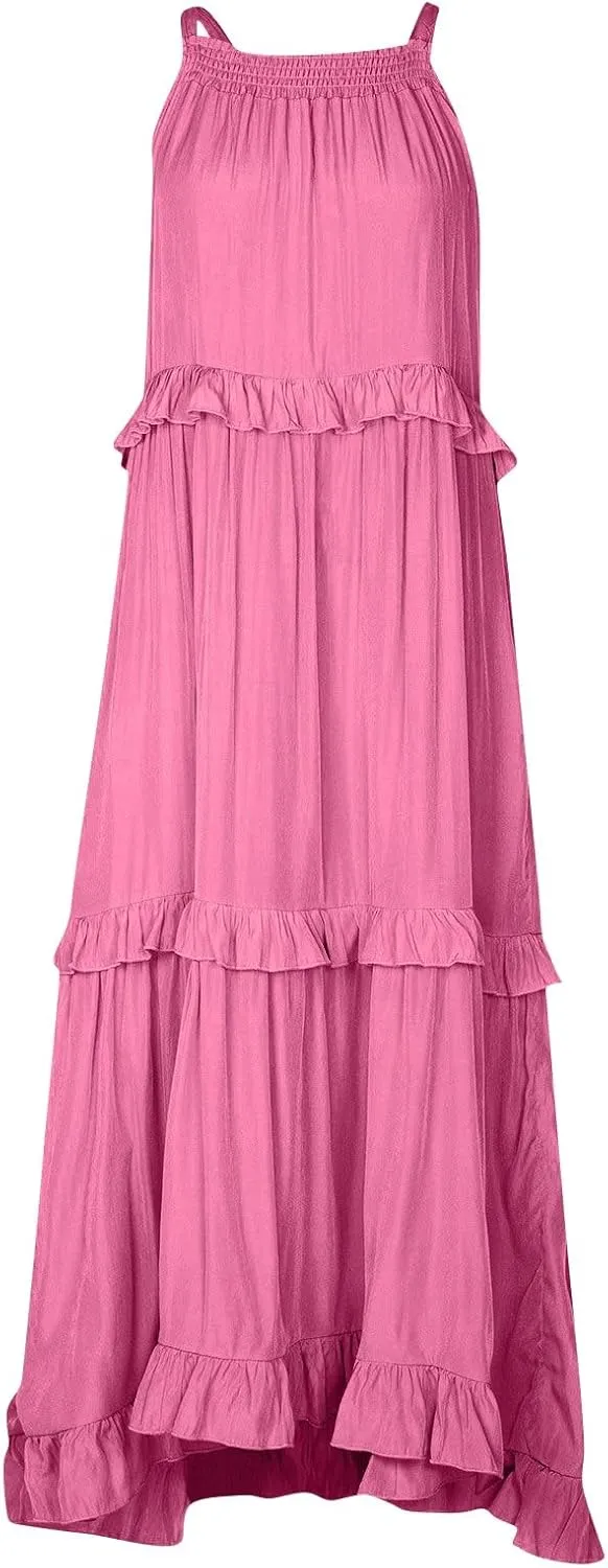 Tiered Halter Maxi Dresses for Women 2025 Elegant Pleated Long Flowy Dress Swing Sleeveless Ruffle Hem Beach Sundress