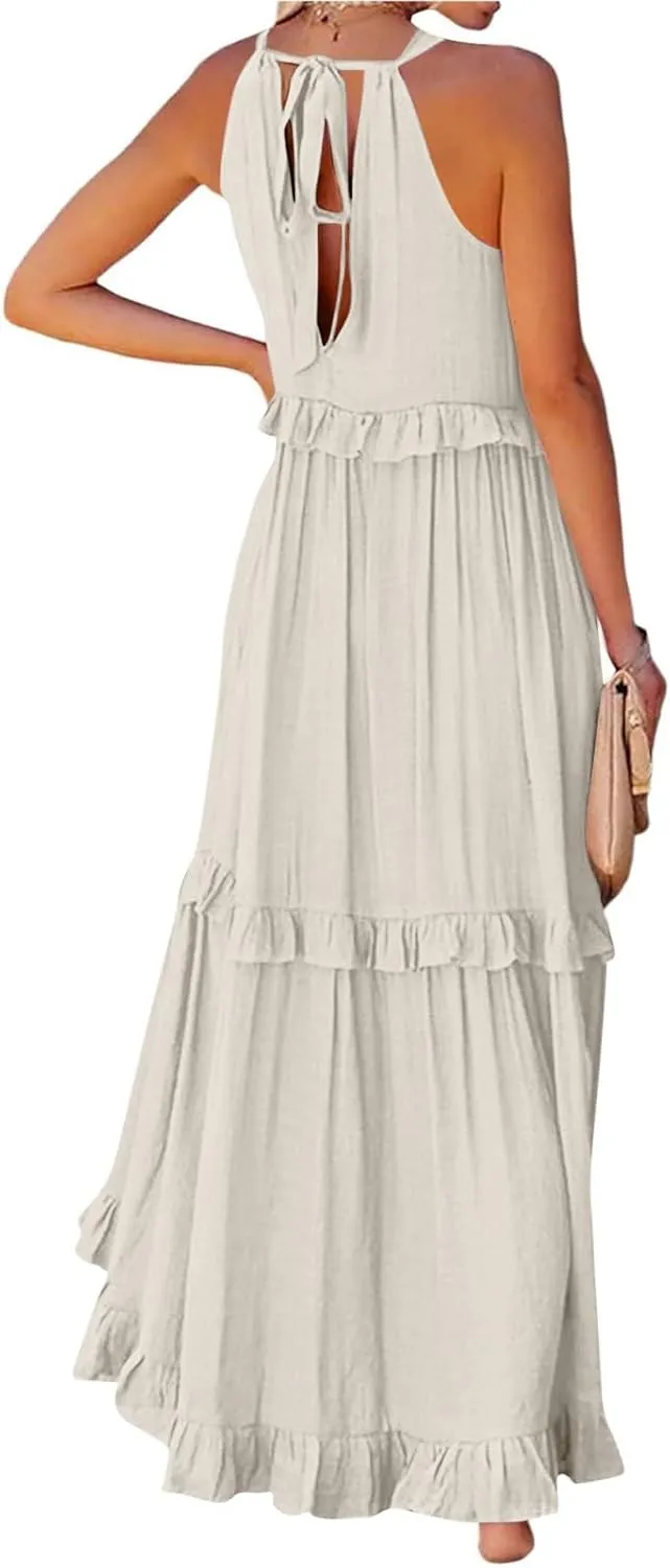 Tiered Halter Maxi Dresses for Women 2025 Elegant Pleated Long Flowy Dress Swing Sleeveless Ruffle Hem Beach Sundress
