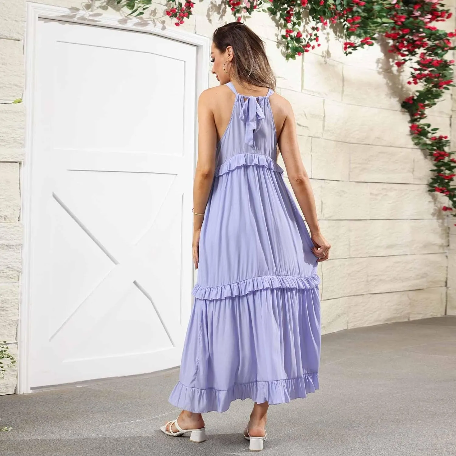 Tiered Halter Maxi Dresses for Women 2025 Elegant Pleated Long Flowy Dress Swing Sleeveless Ruffle Hem Beach Sundress