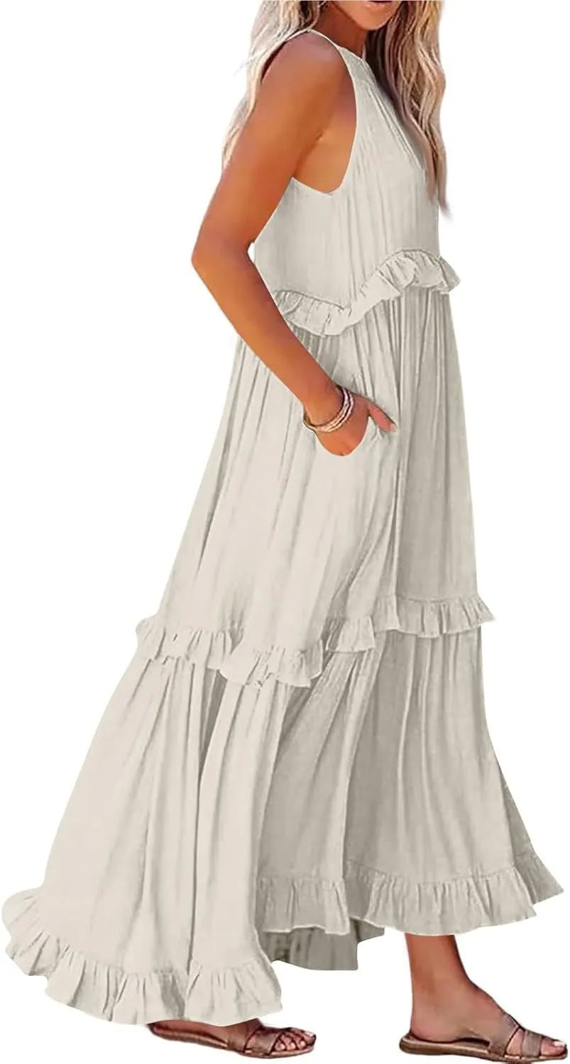 Tiered Halter Maxi Dresses for Women 2025 Elegant Pleated Long Flowy Dress Swing Sleeveless Ruffle Hem Beach Sundress