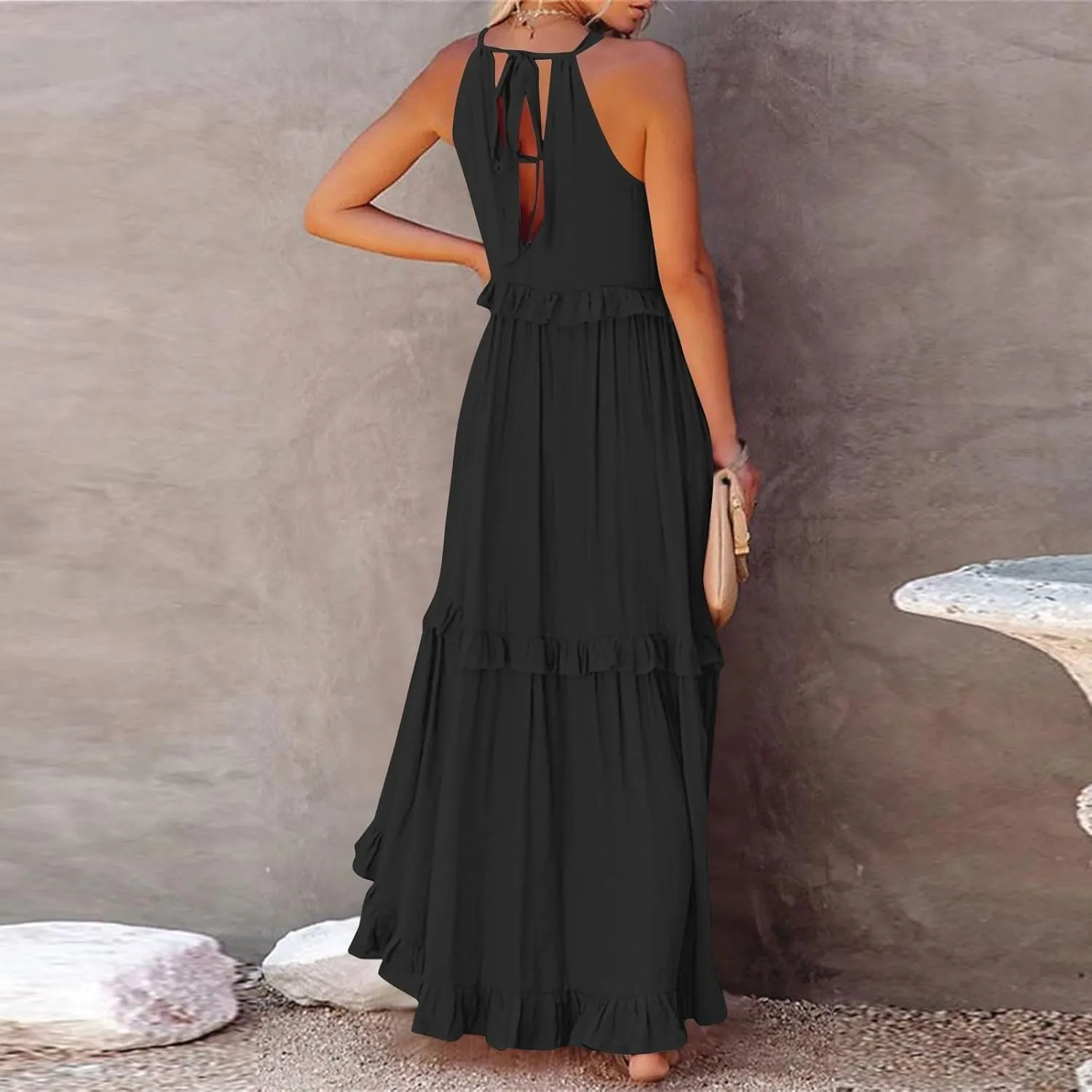 Tiered Halter Maxi Dresses for Women 2025 Elegant Pleated Long Flowy Dress Swing Sleeveless Ruffle Hem Beach Sundress