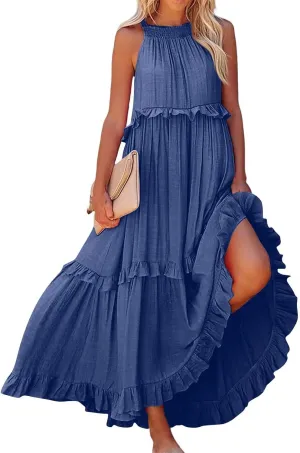 Tiered Halter Maxi Dresses for Women 2025 Elegant Pleated Long Flowy Dress Swing Sleeveless Ruffle Hem Beach Sundress