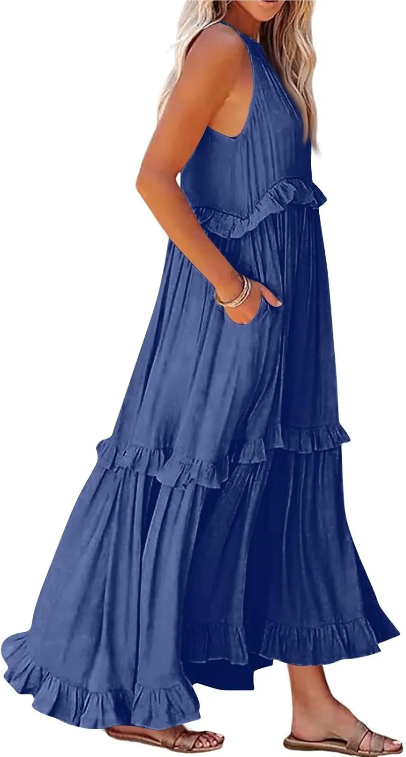 Tiered Halter Maxi Dresses for Women 2025 Elegant Pleated Long Flowy Dress Swing Sleeveless Ruffle Hem Beach Sundress
