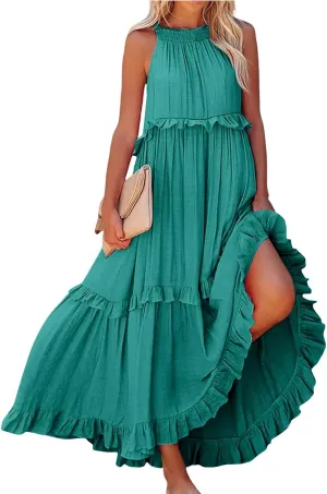 Tiered Halter Maxi Dresses for Women 2025 Elegant Pleated Long Flowy Dress Swing Sleeveless Ruffle Hem Beach Sundress