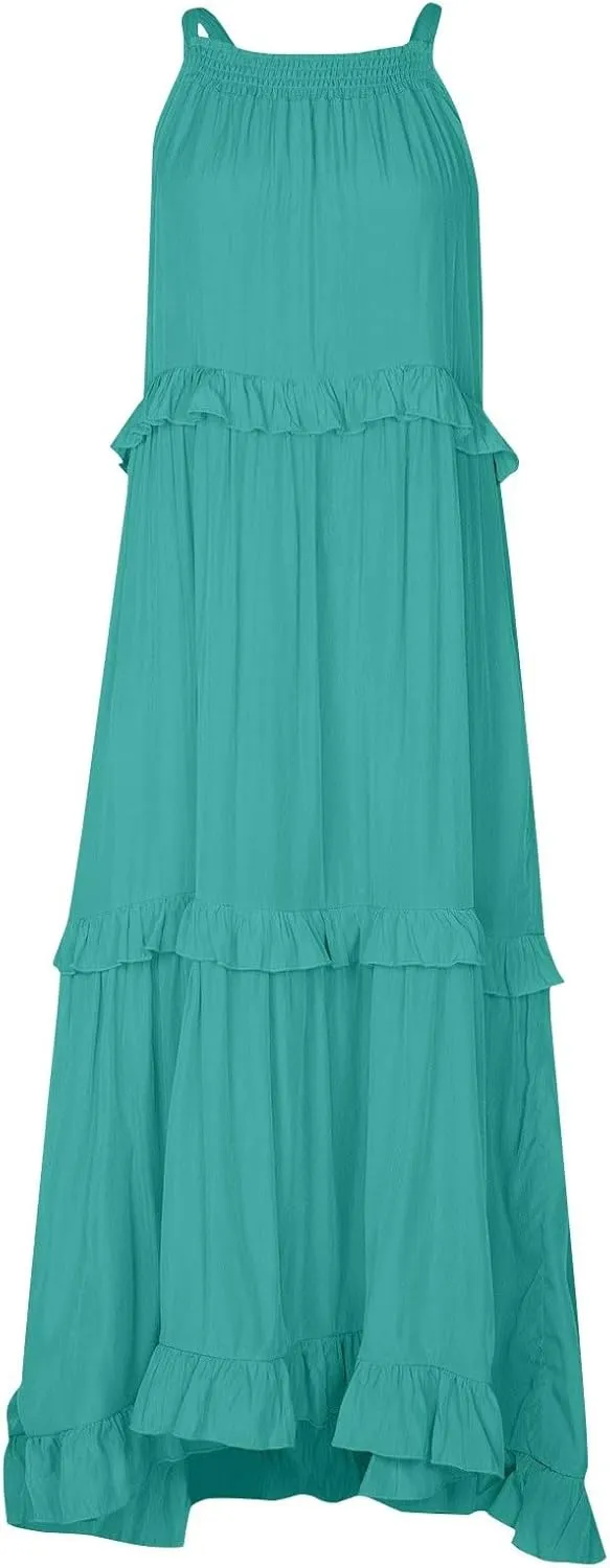 Tiered Halter Maxi Dresses for Women 2025 Elegant Pleated Long Flowy Dress Swing Sleeveless Ruffle Hem Beach Sundress