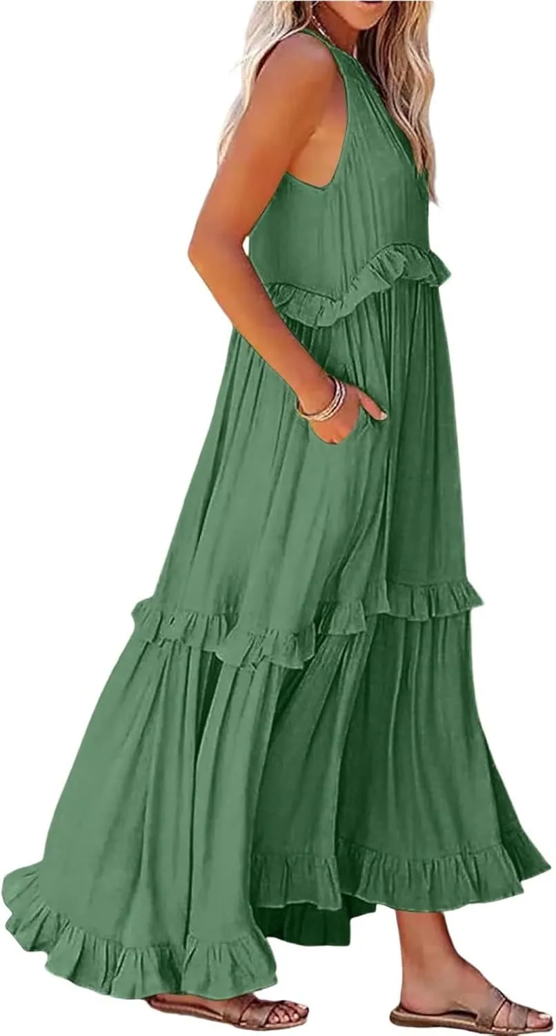 Tiered Halter Maxi Dresses for Women 2025 Elegant Pleated Long Flowy Dress Swing Sleeveless Ruffle Hem Beach Sundress