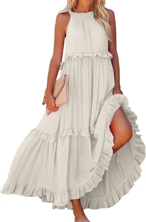 Tiered Halter Maxi Dresses for Women 2025 Elegant Pleated Long Flowy Dress Swing Sleeveless Ruffle Hem Beach Sundress