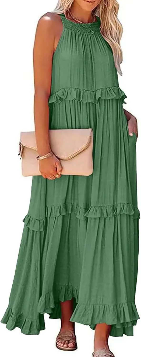 Tiered Halter Maxi Dresses for Women 2025 Elegant Pleated Long Flowy Dress Swing Sleeveless Ruffle Hem Beach Sundress