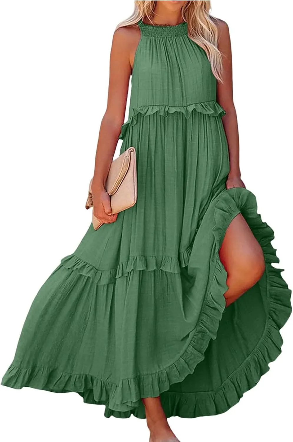 Tiered Halter Maxi Dresses for Women 2025 Elegant Pleated Long Flowy Dress Swing Sleeveless Ruffle Hem Beach Sundress