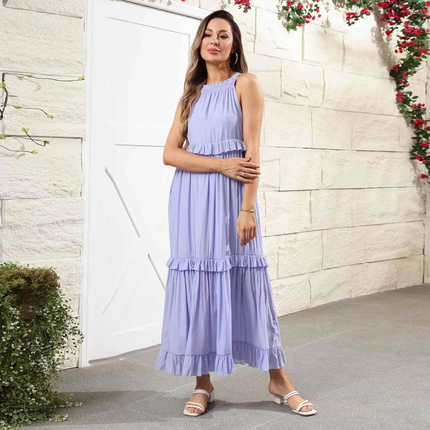Tiered Halter Maxi Dresses for Women 2025 Elegant Pleated Long Flowy Dress Swing Sleeveless Ruffle Hem Beach Sundress