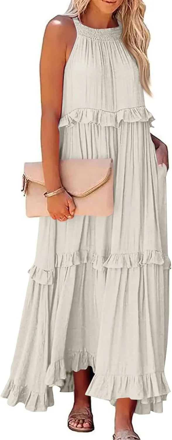 Tiered Halter Maxi Dresses for Women 2025 Elegant Pleated Long Flowy Dress Swing Sleeveless Ruffle Hem Beach Sundress