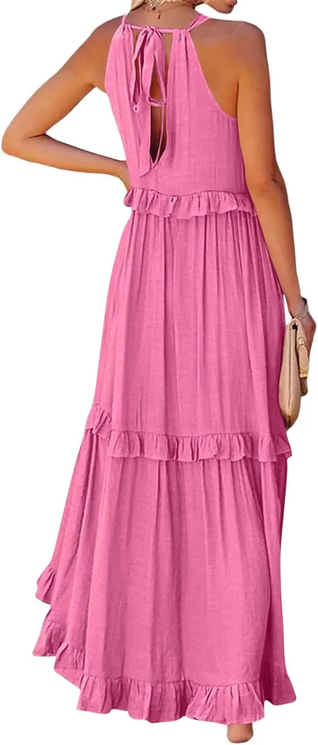 Tiered Halter Maxi Dresses for Women 2025 Elegant Pleated Long Flowy Dress Swing Sleeveless Ruffle Hem Beach Sundress