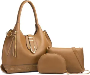 Tote Handbag for Women Pu Leather Rivets Shoulder Crossbody Bag Satchel Clutch Purses 3 Pcs Set