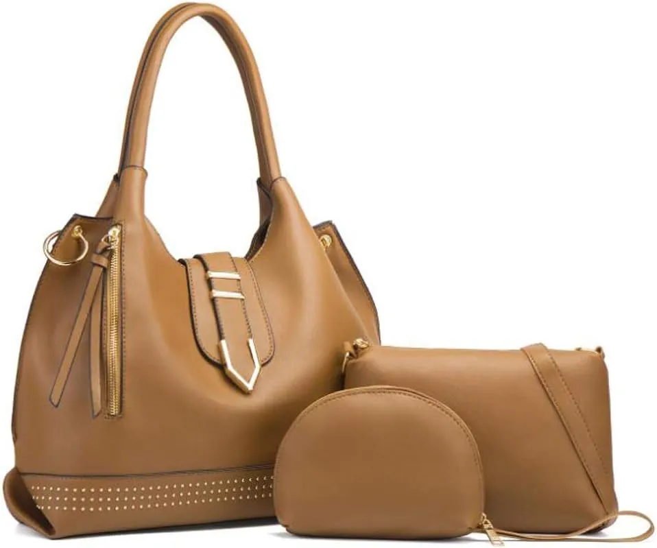 Tote Handbag for Women Pu Leather Rivets Shoulder Crossbody Bag Satchel Clutch Purses 3 Pcs Set