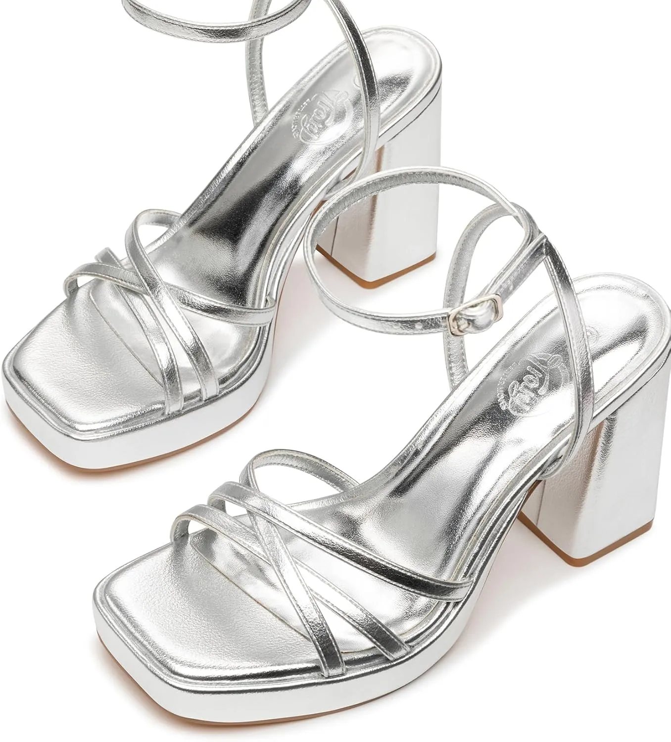 Trary Gold & White Heels - Square Toe, 3 inch Platform, Strappy & Block Heels for Wide Feet, Ankle Strap Y2k Shoes for Prom