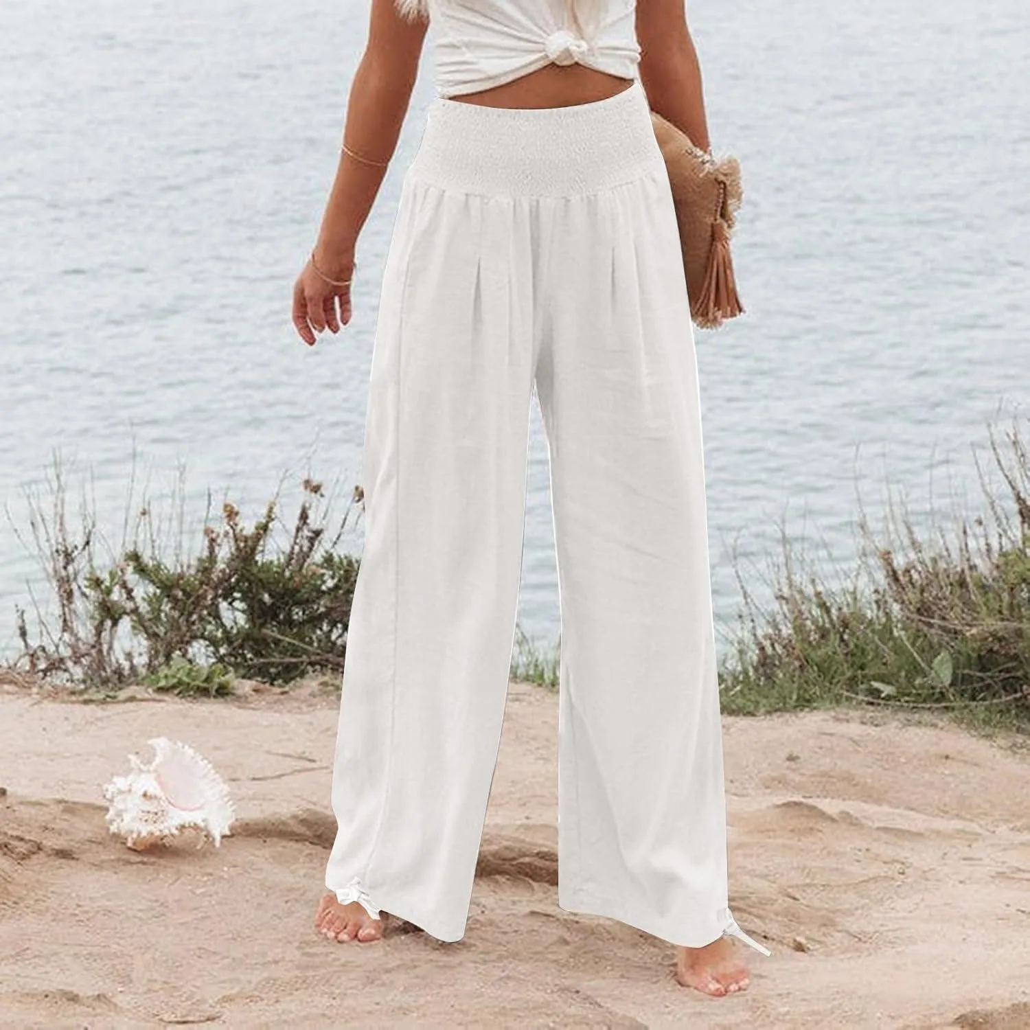 Travel Pants Women Linen Pants Loose Straight Pants High Waisted Wide Leg Pants Lounge Pants Trousers with Pockets