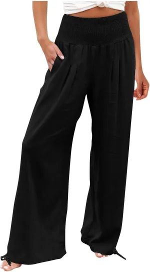 Travel Pants Women Linen Pants Loose Straight Pants High Waisted Wide Leg Pants Lounge Pants Trousers with Pockets