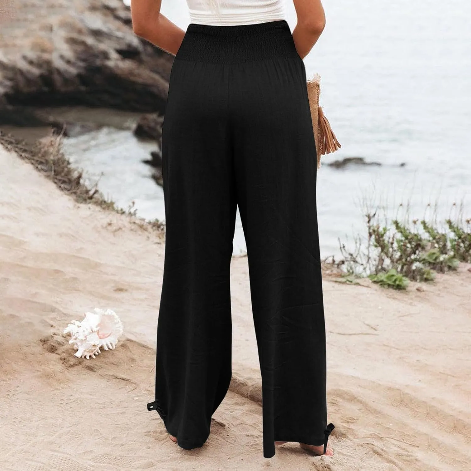 Travel Pants Women Linen Pants Loose Straight Pants High Waisted Wide Leg Pants Lounge Pants Trousers with Pockets