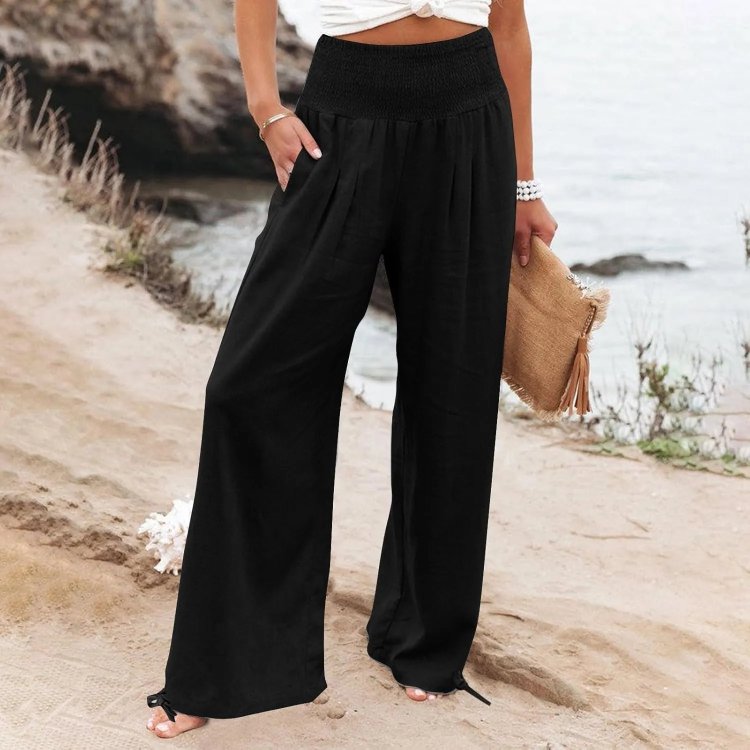 Travel Pants Women Linen Pants Loose Straight Pants High Waisted Wide Leg Pants Lounge Pants Trousers with Pockets