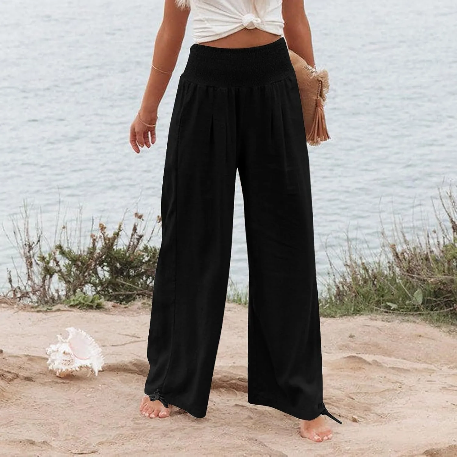 Travel Pants Women Linen Pants Loose Straight Pants High Waisted Wide Leg Pants Lounge Pants Trousers with Pockets