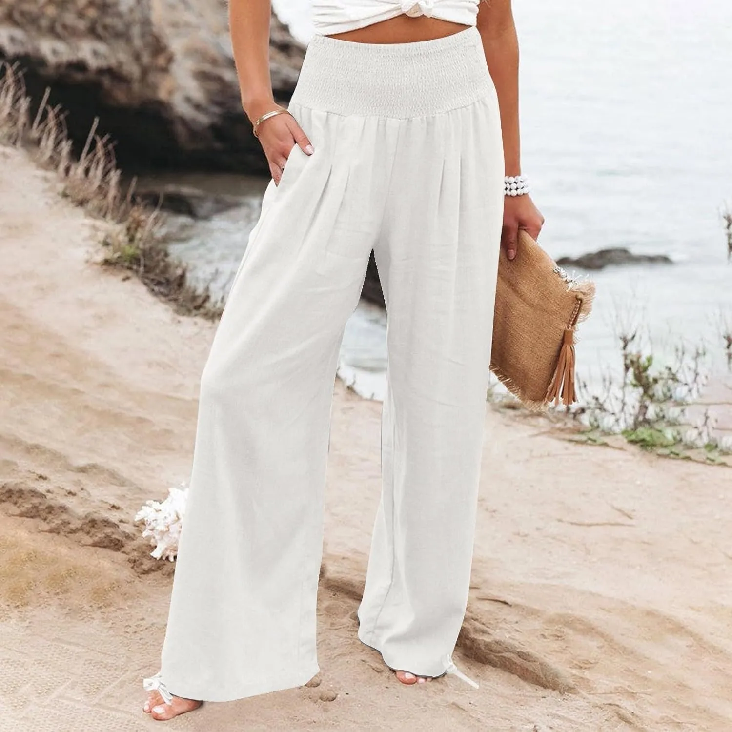 Travel Pants Women Linen Pants Loose Straight Pants High Waisted Wide Leg Pants Lounge Pants Trousers with Pockets