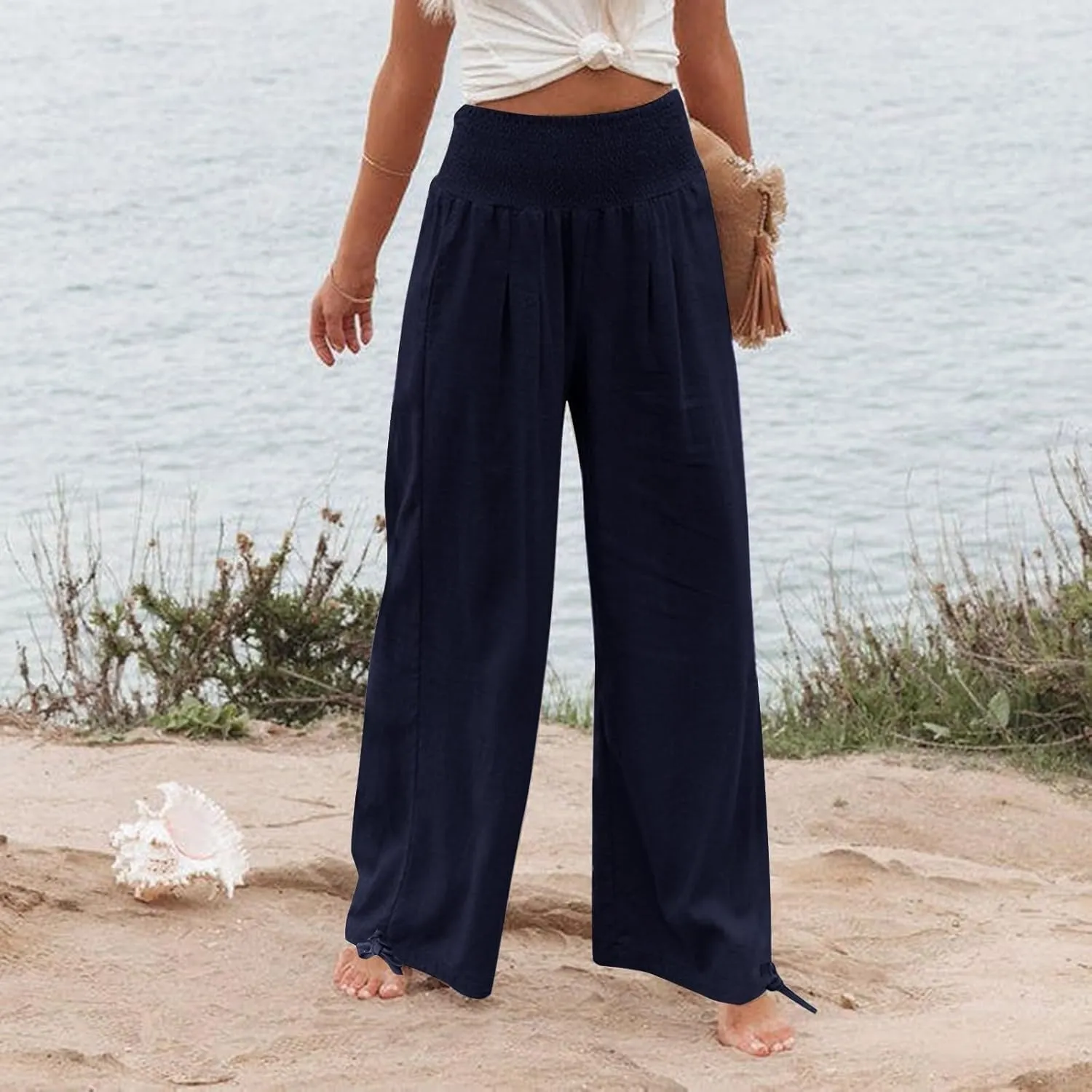 Travel Pants Women Linen Pants Loose Straight Pants High Waisted Wide Leg Pants Lounge Pants Trousers with Pockets