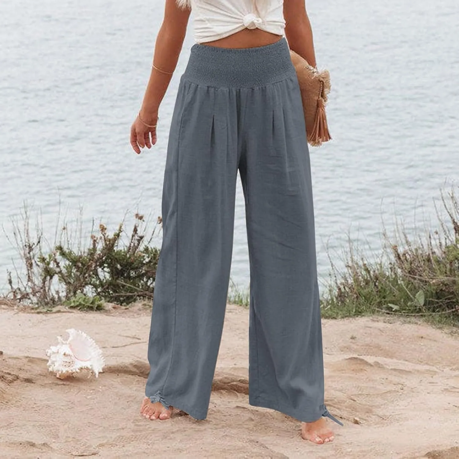 Travel Pants Women Linen Pants Loose Straight Pants High Waisted Wide Leg Pants Lounge Pants Trousers with Pockets