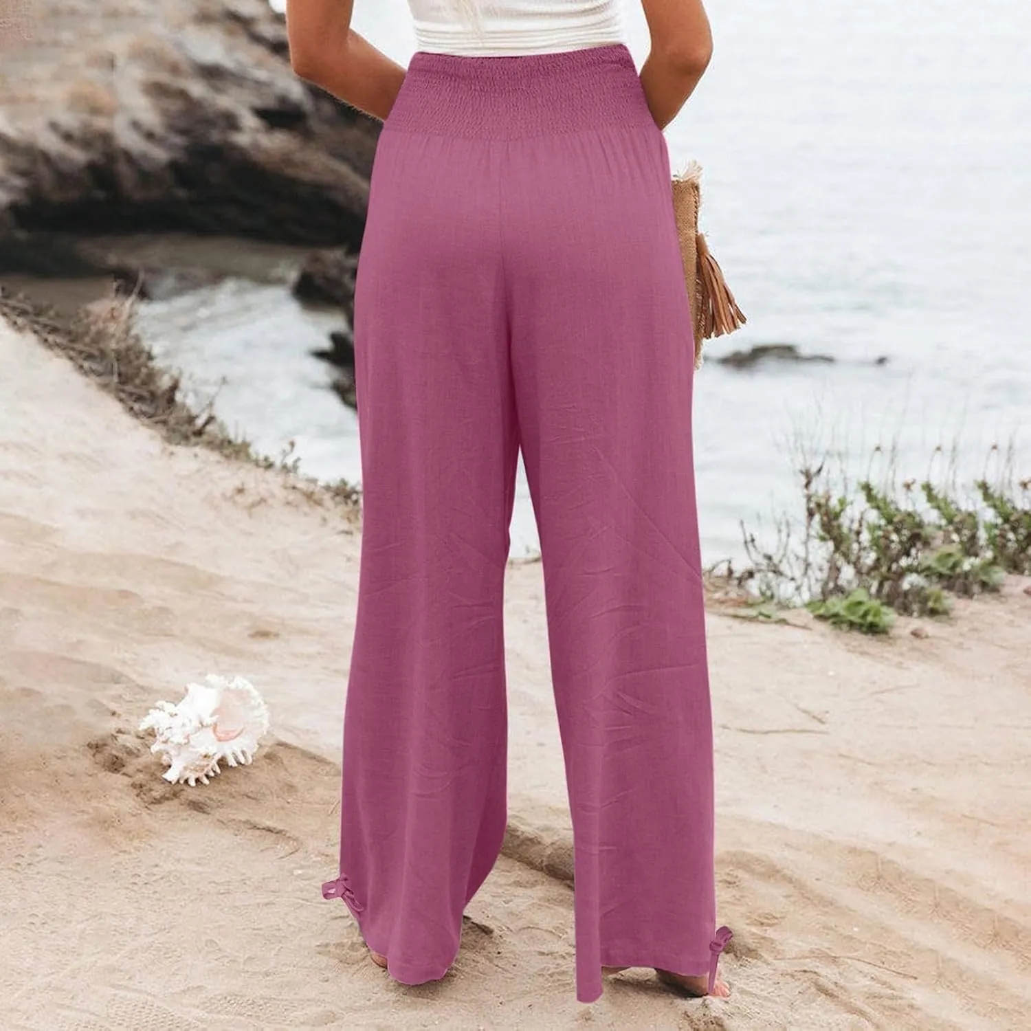 Travel Pants Women Linen Pants Loose Straight Pants High Waisted Wide Leg Pants Lounge Pants Trousers with Pockets