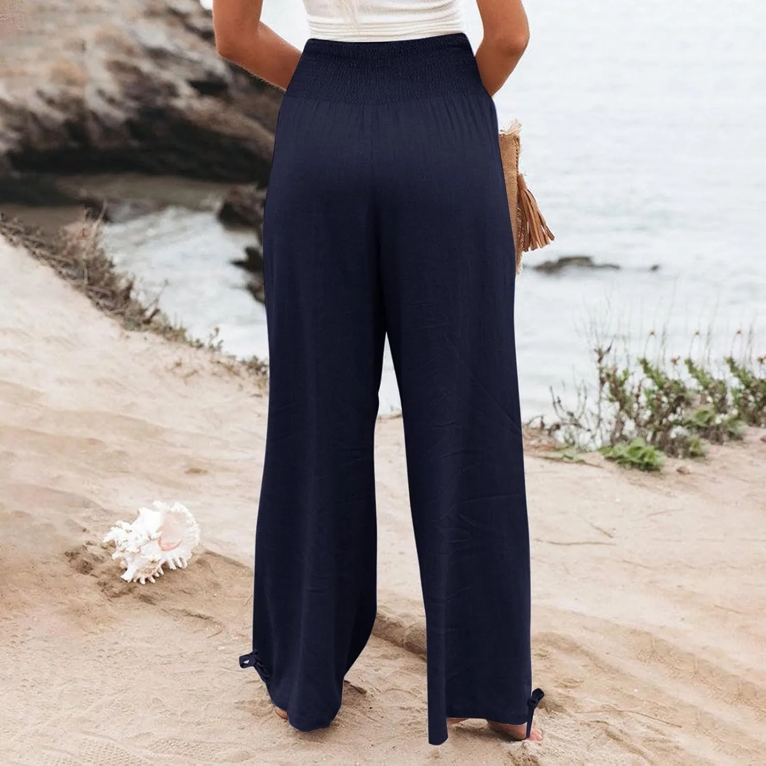 Travel Pants Women Linen Pants Loose Straight Pants High Waisted Wide Leg Pants Lounge Pants Trousers with Pockets