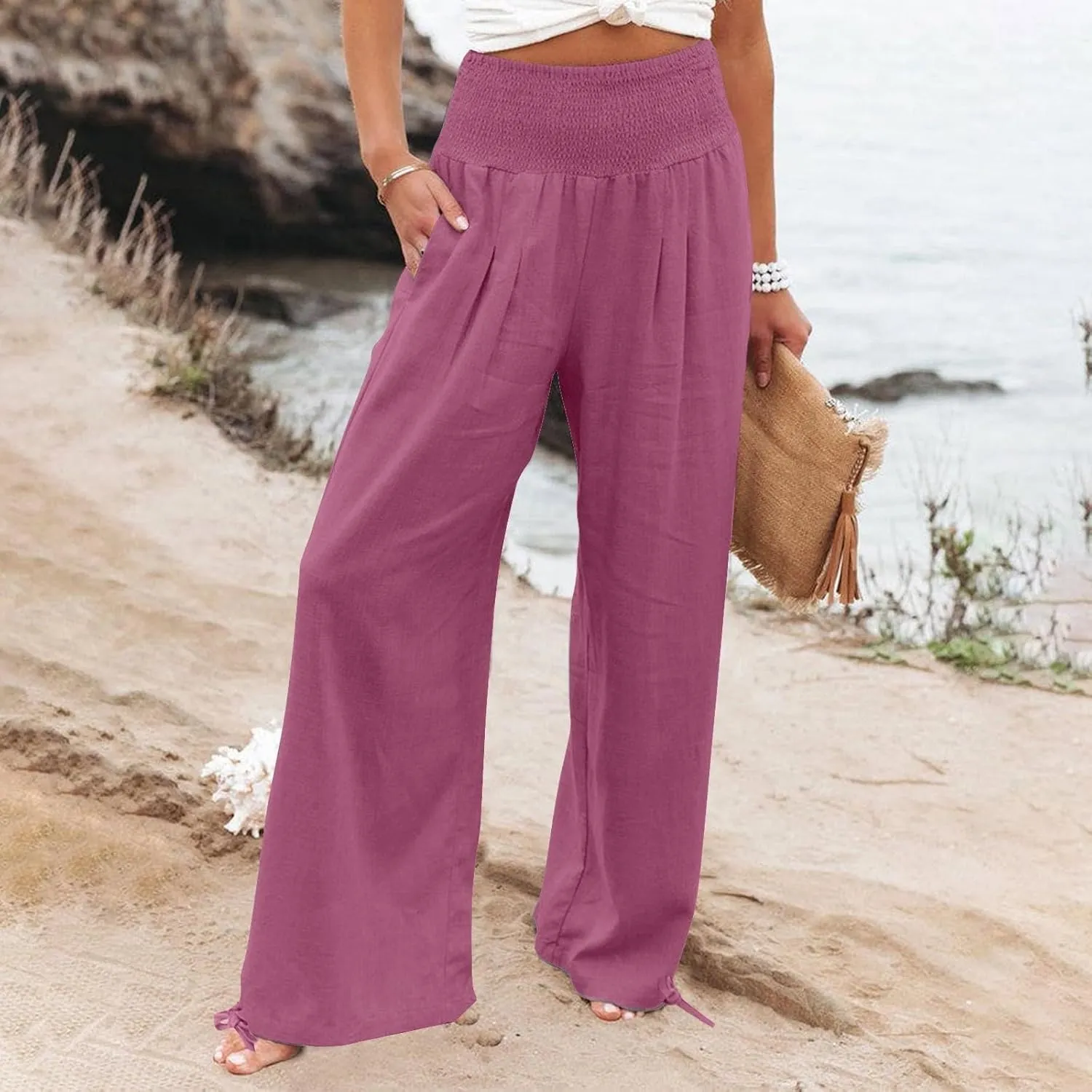 Travel Pants Women Linen Pants Loose Straight Pants High Waisted Wide Leg Pants Lounge Pants Trousers with Pockets