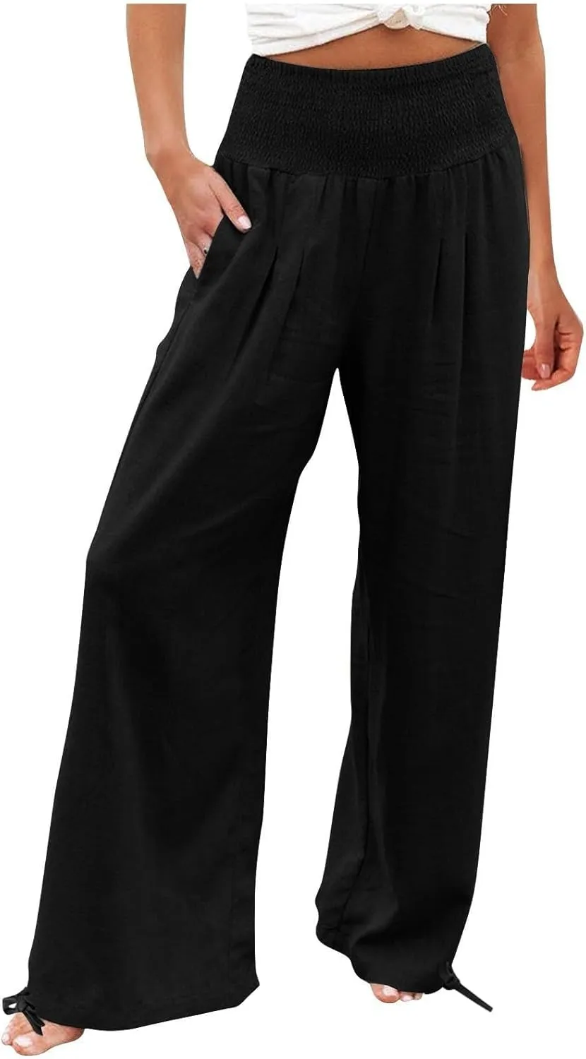 Travel Pants Women Linen Pants Loose Straight Pants High Waisted Wide Leg Pants Lounge Pants Trousers with Pockets