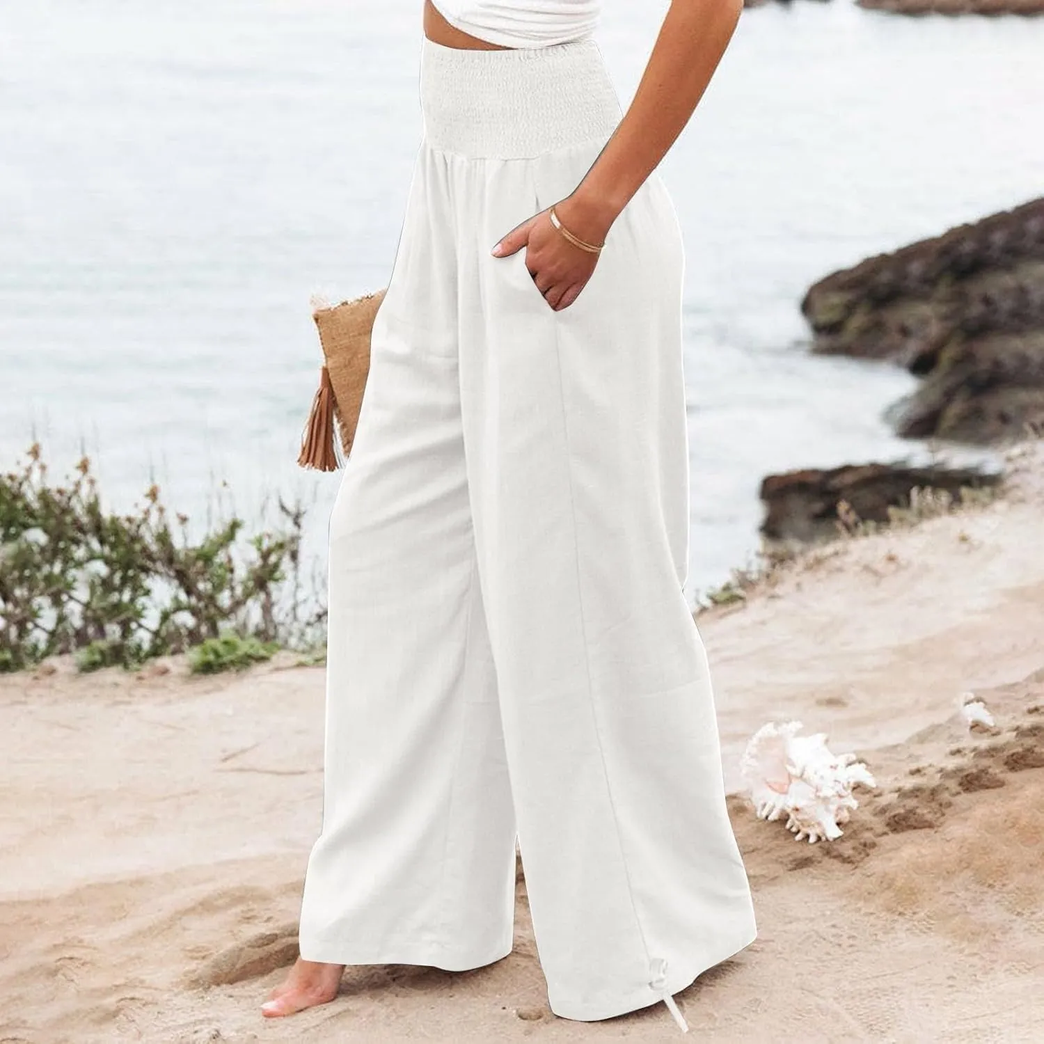 Travel Pants Women Linen Pants Loose Straight Pants High Waisted Wide Leg Pants Lounge Pants Trousers with Pockets