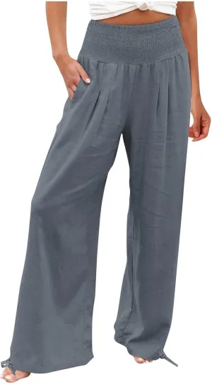 Travel Pants Women Linen Pants Loose Straight Pants High Waisted Wide Leg Pants Lounge Pants Trousers with Pockets