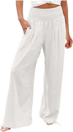 Travel Pants Women Linen Pants Loose Straight Pants High Waisted Wide Leg Pants Lounge Pants Trousers with Pockets