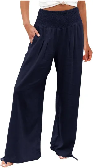 Travel Pants Women Linen Pants Loose Straight Pants High Waisted Wide Leg Pants Lounge Pants Trousers with Pockets