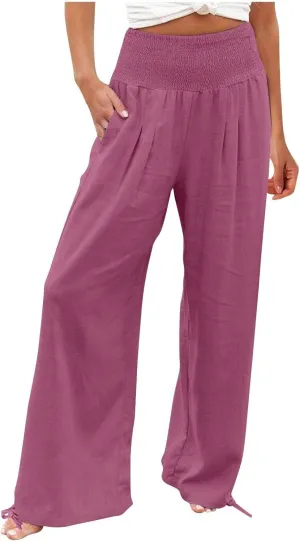 Travel Pants Women Linen Pants Loose Straight Pants High Waisted Wide Leg Pants Lounge Pants Trousers with Pockets