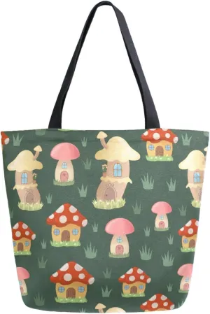 Trendy Extra Large Shoulder Grocery Tote Bag, Cartoon Mushroom Houses Leaves Green Canvas Daily Handle Bag for Gym Yoga Weekender Picnic Beach Travel Kitchen Reusable Market Shopping