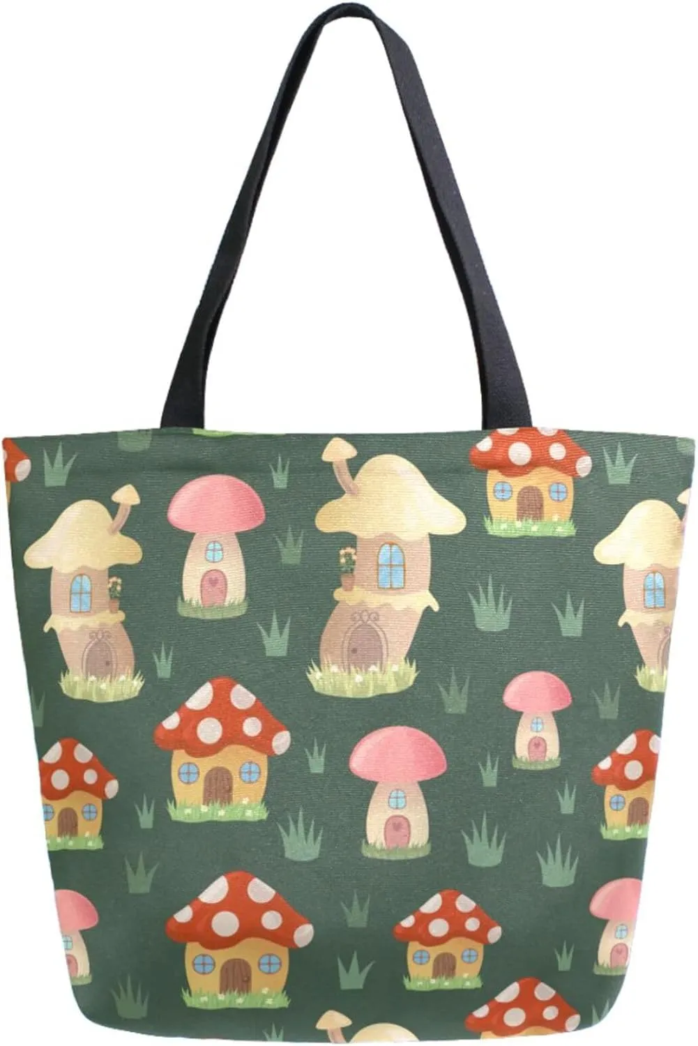 Trendy Extra Large Shoulder Grocery Tote Bag, Cartoon Mushroom Houses Leaves Green Canvas Daily Handle Bag for Gym Yoga Weekender Picnic Beach Travel Kitchen Reusable Market Shopping