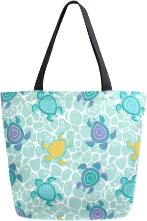 Trendy Extra Large Shoulder Grocery Tote Bag, Lovely Sea Turtles Summer Water Wave Canvas Daily Handle Bag for Gym Yoga Weekender Picnic Beach Travel Kitchen Reusable Market Shopping